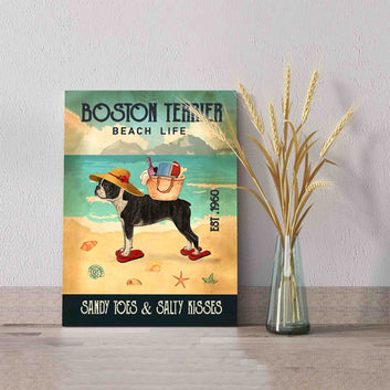 Boston Terrier Beach Life Canvas, Sandy Toes Salty Kisses Canvas, Beach Canvas, Boston Terrier Canvas, Dog Canvas