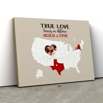 True Love Knows No Distance Canvas, State Canvas, Couple Canvas, Custom Name Canvas, Custom Image Canvas