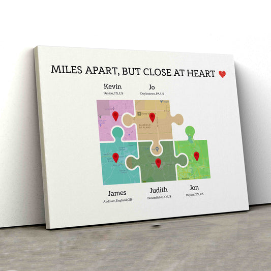 Miles Apart But Close At Heart Canvas, Puzzle Canvas, Milestones Map Canvas, Locations Canvas, Custom Map Canvas, Custom Name Canvas, Family Canvas