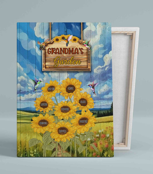 Personalized Grandma’s Garden Sunflower Canvas, Custom Family Art Print, Flora Family Name, Grandma Gifts, Sunflower Wall Art