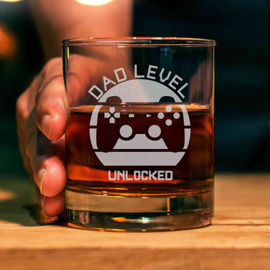 Personalized Engraved Whiskey Glass, Custom Dad Level Unlocked Whiskey Glass, Dad Level Handheld Game Whiskey Glass, Gift for Dad
