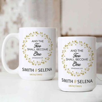 Personalized Name Mug, And the Two Shall Become One Mug, Bible Verse Mug, Christian Wedding Gift, Wedding Bible Verses, Couple Mug