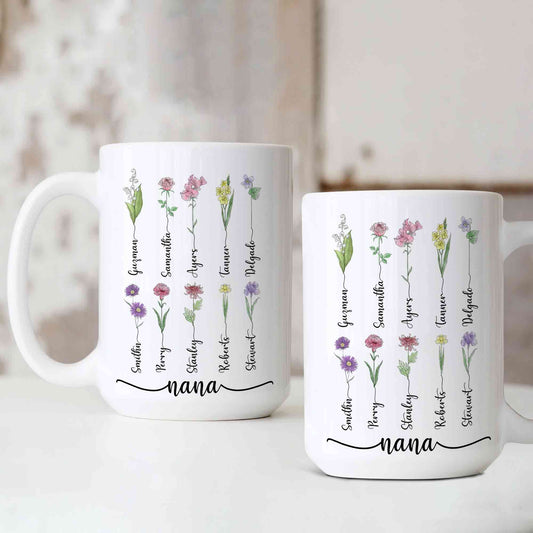 Nana Mug With Grandkids Names, Month Flower Mug Design, Grandkids Names Mug, Custom Grandma Coffee Mug, Mother's Day Gift, Nana Gift