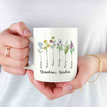 Grandma's Garden Mug with Grandkids Names, Custom Birth Flower Name Mug, Family Name Mug, Gift for Grandma, Birthday Present From Grandkids