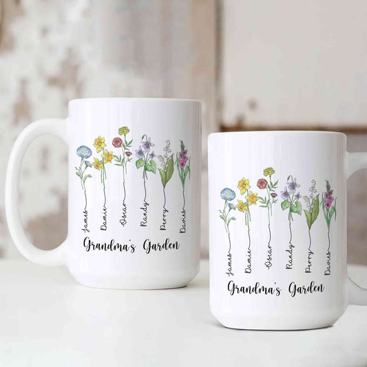 Grandma's Garden Mug with Grandkids Names, Custom Birth Flower Name Mug, Family Name Mug, Gift for Grandma, Birthday Present From Grandkids