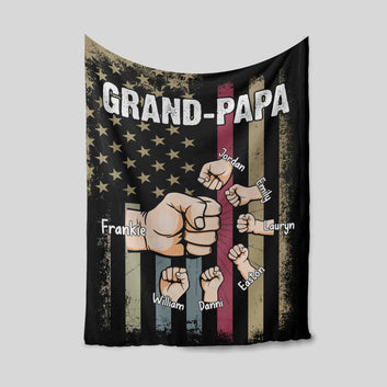 Grand Papa Blanket, Hand Punch Together Blanket, Father's Day Blanket, American Flag Blanket, Custom Name Blanket, Family Blanket