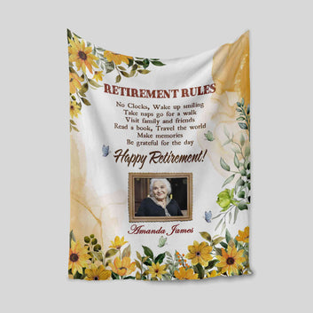 Retirement Rules Blanket, Yellow Flower Blanket For Retirement, Colleague Blanket, Best Retirement Gifts, Custom Image Blanket, Custom Name Blanket