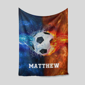 Personalized Soccer Blanket, Fire And Lightning Sports Blanket, Football Blanket, Soccer Player Gift, Custom Name Blanket, Soccer Lover Gift, Sports Gift For Him