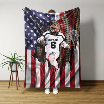 Personalized Lacrosse Blanket, Lacrosse Blanket, Lacrosse Player Blanket, Lacrosse Lover Blanket, Custom Name Blanket, Us Flag Blanket, Sports Gift, Lacrosse Gift
