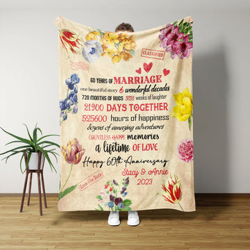 Happy 60th Anniversary Blanket, 60 Years Of Marriage Blanket, Wedding Anniversary Blanket, Flower Blanket, Custom Name Blanket, Gifts For Parents, Blanket For Couples
