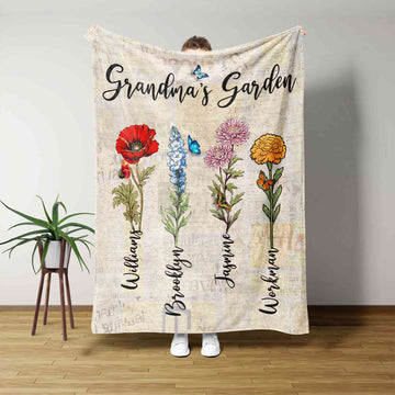 Personalised Birth Flower Blanket, Grandma's Garden Blanket, Grandma Blanket With Kids Name, Gift For Grandma, Birthday Gift