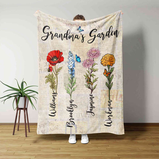 Personalised Birth Flower Blanket, Grandma's Garden Blanket, Grandma Blanket With Kids Name, Gift For Grandma, Birthday Gift