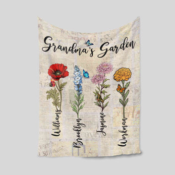 Personalised Birth Flower Blanket, Grandma's Garden Blanket, Grandma Blanket With Kids Name, Gift For Grandma, Birthday Gift