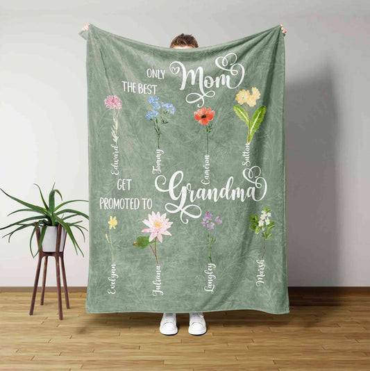 Personalized Birth Month Flowers Blanket, Custom Family Name Blanket with Flower, Mothers Day Gift, Grandma Blanket With Kids Name, Birthday Gift