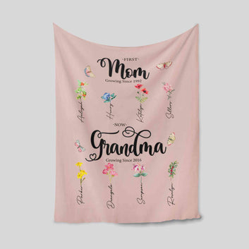 Custom Birth Month Flower First Mom Now Grandma Garden, Birth Month Flower Blanket, Grandma's Garden Blanket, Mothers Day Gift, Birth Flower Gift, Family Flower Blanket