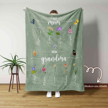 Personalized First Mom Now Grandma Garden Blanket, Birth Flower Blanket, Custom Grandma's Garden Blanket, Mothers Day Gift, Gift for Mom