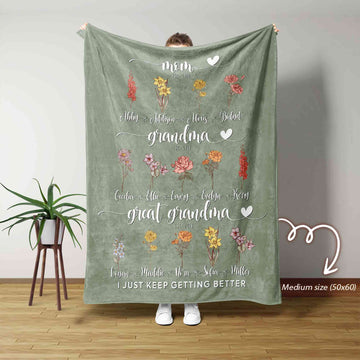 Personalized Birth Month Flower Blanket, Mom Grandma Great Grandma Blanket, Mothers Day Gift, Birth Flower Gift, Birthday Gift For Her