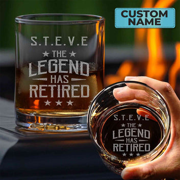 Personalized The Legend Has Retired Whiskey Glass, Etched Sayings Whiskey Glass, Funny Gift For Coworker Friend Or Boss Retiring Whiskey Glass, Retired Gifts For Him