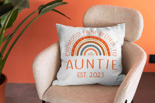 Promoted From Bestied To Auntie Pillow, Boho Rainbow Pillow, Custom Name Pillow, Gift Pillow For Aunt