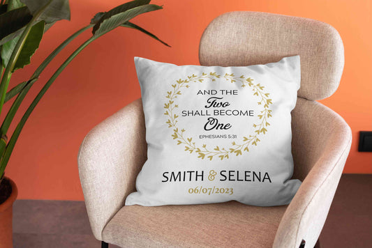 Personalized Name Pillow, And the Two Shall Become One Pillow, Bible Verse Pillow, Christian Wedding Gift, Wedding Bible Verses, Couple Pillow