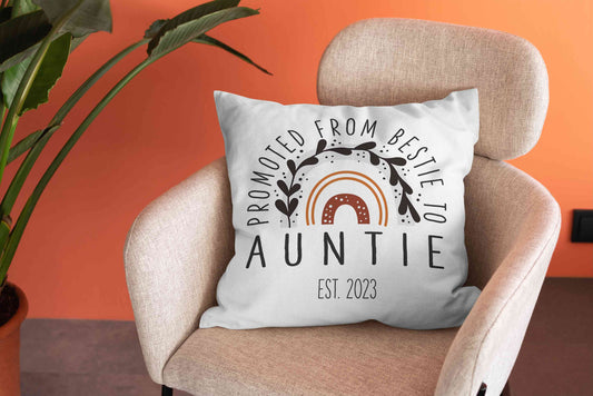 Promoted From Bestie To Auntie Pillow, Boho Rainbow Pillow, Custom Name Pillow, Gift Pillow For Aunt