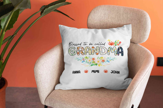 Blessed To Called Grandma Pillow, Flowers Garden Gift, Grandma Gift, Personalized Gift For Mother's Day, Personalized Kid Names Pillow