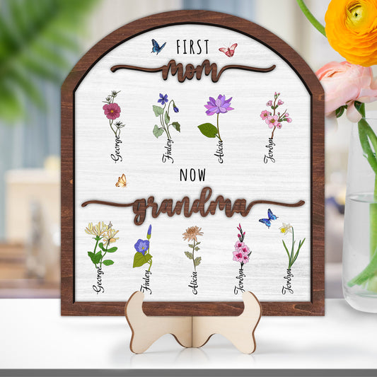 Personalized Birth Month Flower Wooden Plaque, Custom Name Grandkids, Custom Birth Month Flowers, First Mom Now Grandma, Gift For Mom