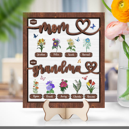 Personalized Birth Month Flower Wooden Plaque, Custom Name Grandkids, Custom Birth Month Flowers, First Mom Now Grandma, Mother's Day Gift