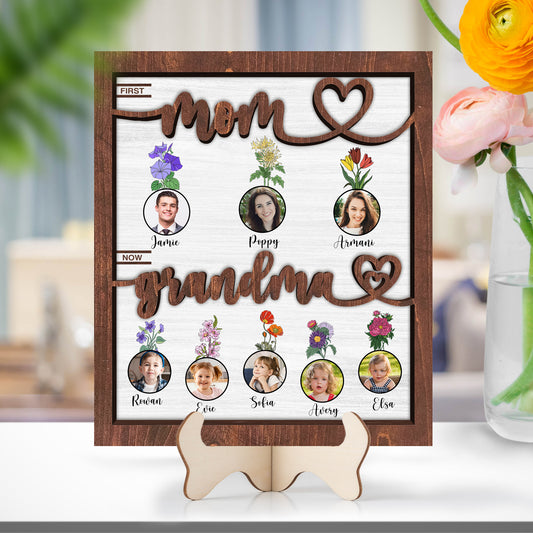 Personalized Photo Wooden Plaque, Birth Month Flower Wooden Plaque, Custom Name Grandkids, First Mom Now Grandma, Mother's Day Gift