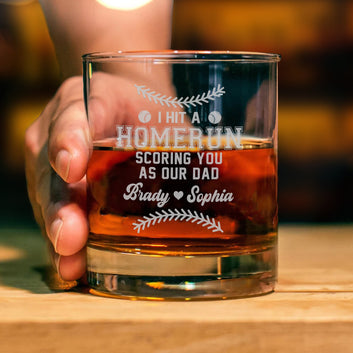 Personalized Baseball I Hit A Homerun Scoring You As Our Daddy Whiskey Glass, Baseball Dad Whiskey Glass, Custom Whiskey Glass Baseball for Dad And Kids Names