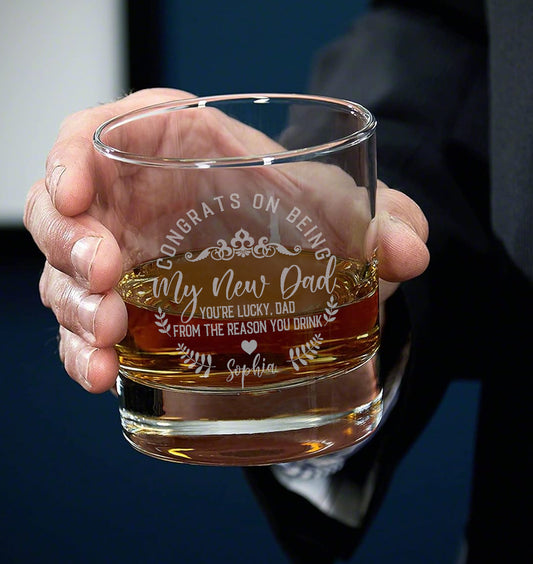 Personalized Engraved Whiskey Glass, Anniversary Gift for Fiance, Custom Congrats On Being My New Dad Whiskey Glass, Whiskey Glass for Grooms Men, Fathers Day Gift