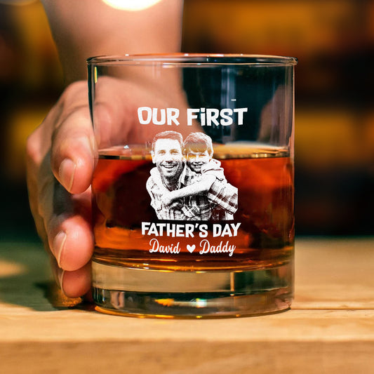 Personalized Stemless Etched Our First Whiskey Glass, Custom Photo & Handwriting Whiskey Glass, Your Family in Glass Whiskey Glass, Whiskey Gift for Grandpa's