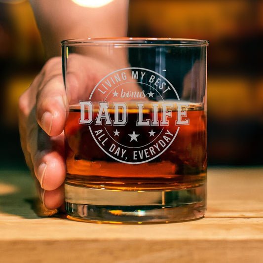 Personalized Engraved Whiskey Glass Dad Life living My Best All Day - Everyday, Etched Whiskey Glass for Grandpa or Dad, Unique Gift for Dad