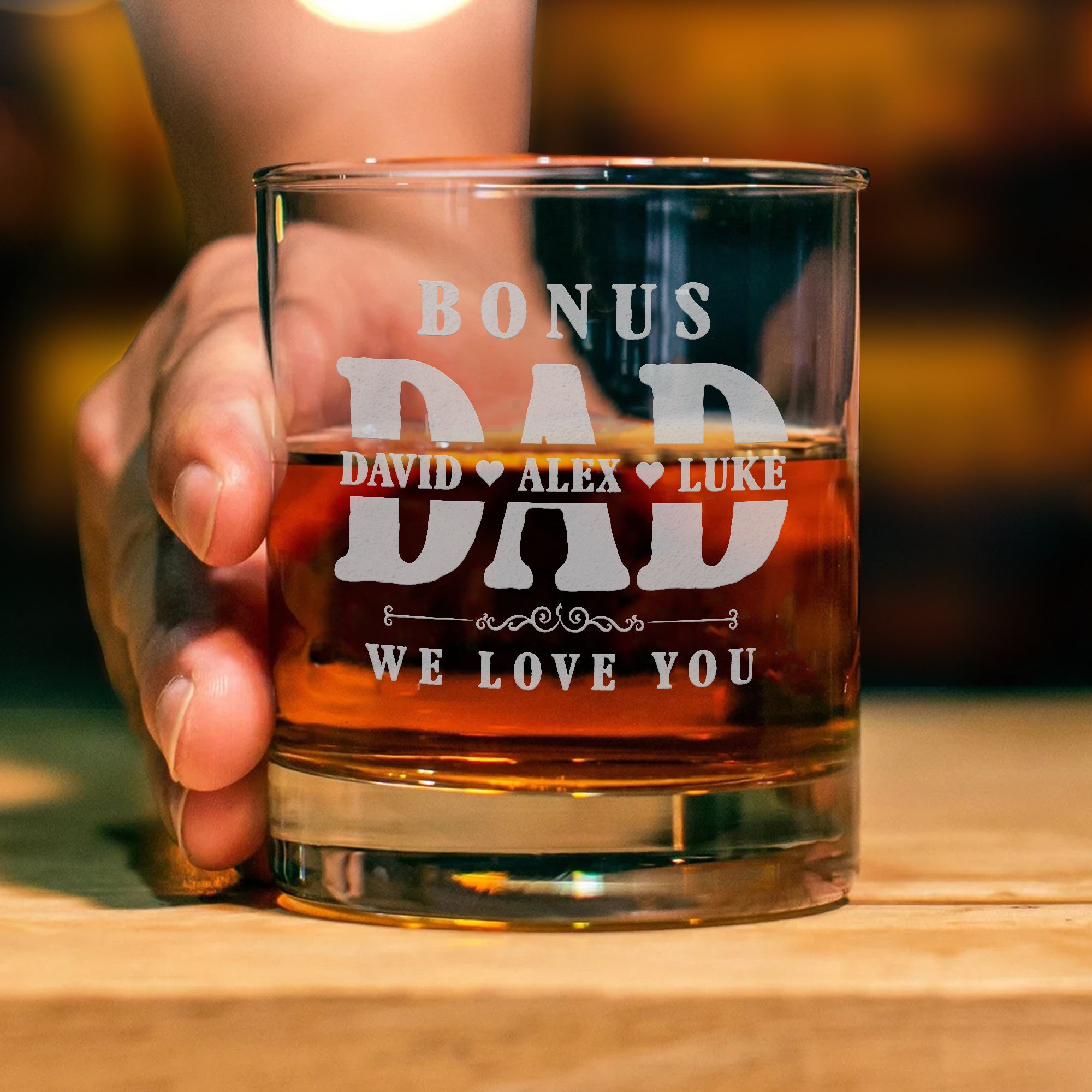 Personalized Father's Day Whiskey Glass- Custom Kids Name on Rock Glass for Dad, Bonus Dad - We Love You, Unique Gift for Dad