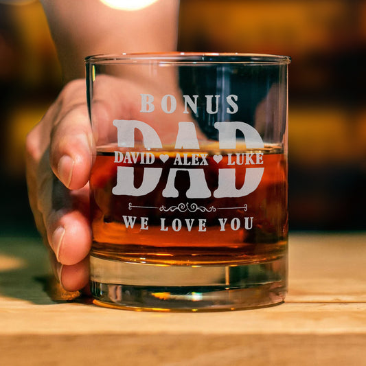 Personalized Father's Day Whiskey Glass- Custom Kids Name on Rock Glass for Dad, Bonus Dad - We Love You, Unique Gift for Dad