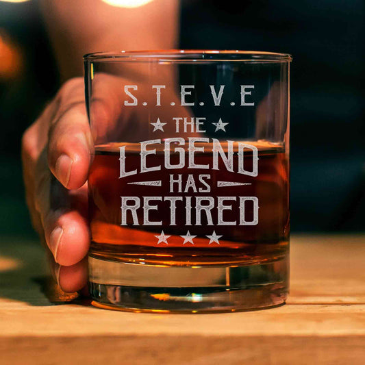 Personalized The Legend Has Retired Whiskey Glass, Etched Sayings Whiskey Glass, Funny Gift For Coworker Friend Or Boss Retiring Whiskey Glass, Retired Gifts For Him