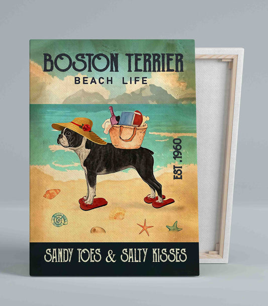 Boston Terrier Beach Life Canvas, Sandy Toes Salty Kisses Canvas, Beach Canvas, Boston Terrier Canvas, Dog Canvas