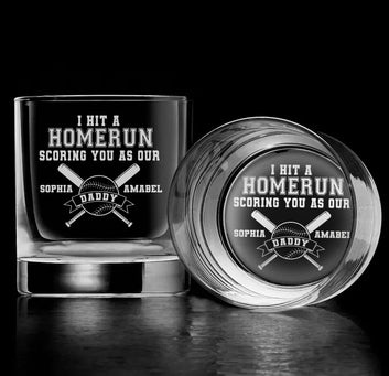 Personalized Baseball I Hit A Homerun Scoring You As Our Daddy Whiskey Glass, Baseball Dad Whiskey Glass, Custom Whiskey Glass Baseball for Dad And Kids Names