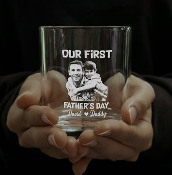 Personalized Stemless Etched Our First Whiskey Glass, Custom Photo & Handwriting Whiskey Glass, Your Family in Glass Whiskey Glass, Whiskey Gift for Grandpa's
