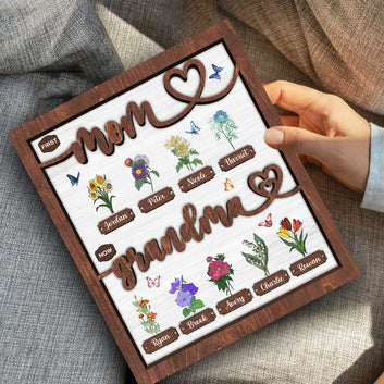 Personalized Birth Month Flower Wooden Plaque, Custom Name Grandkids, Custom Birth Month Flowers, First Mom Now Grandma, Mother's Day Gift