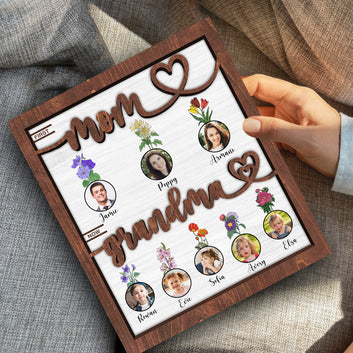 Personalized Photo Wooden Plaque, Birth Month Flower Wooden Plaque, Custom Name Grandkids, First Mom Now Grandma, Mother's Day Gift