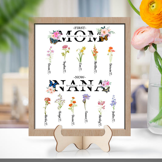 Personalized Birth Month Flower Wooden Plaque, Custom Birthflower, First Mom Now Nana, Nana Wooden With Birth Flowers, Gift For Mom Nana
