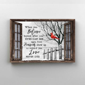 When You Believe Beyond What Your Eyes Can See Canvas, Cardinal Canvas, Winter Tree Canvas, Window Frame Canvas