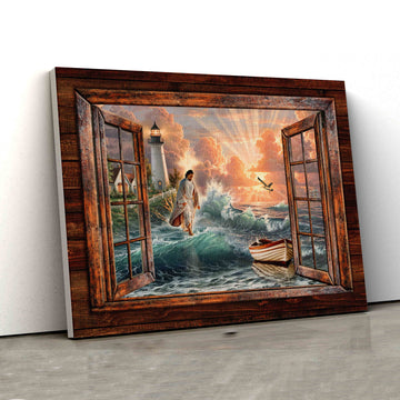 Jesus Walk On The Ocean Canvas, Lighthouse Canvas Art, Wooden Window Canvas, Sunset Canvas, Ocean Canvas, Gift Canvas