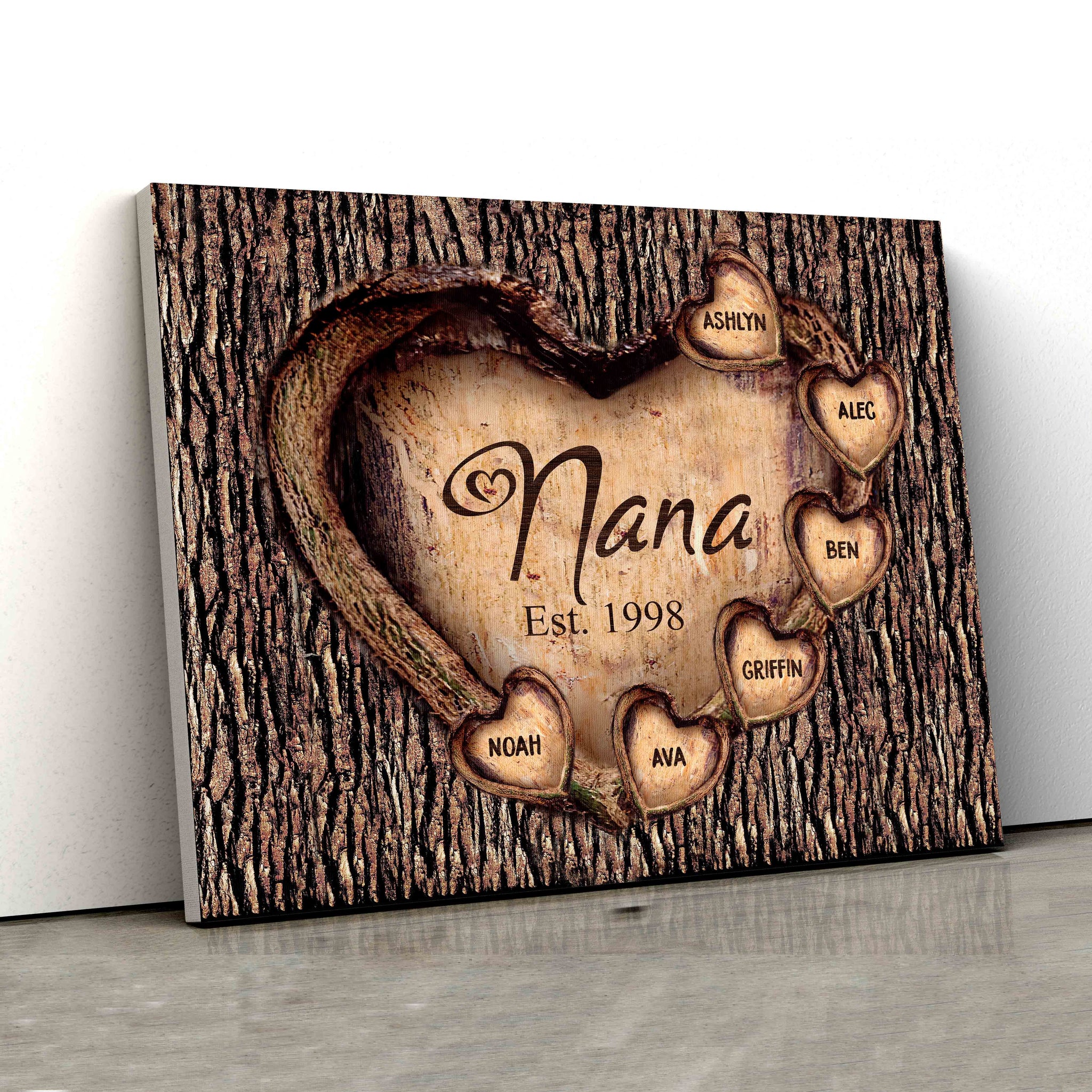 Nana Canvas, Wooden Heart Canvas, Family Canvas, Custom Name Canvas, Canvas Wall Art, Gift Canvas