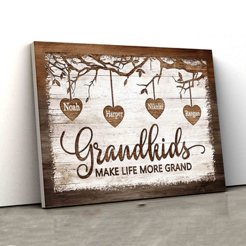 Grandkids Make Life More Grand Canvas, Grandkids Canvas, Wooden Heart Canvas, Tree Canvas, Custom Name Canvas