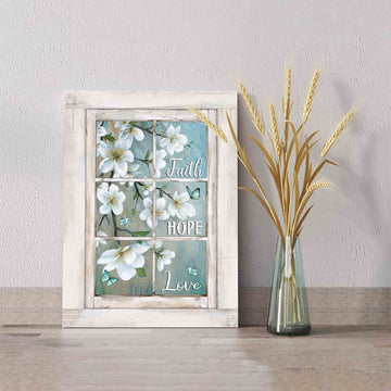 Faith Hope Love Canvas, White Wooden Window Canvas, Flower Canvas, Butterfly Canvas, Wall Art Canvas, Gift Canvas