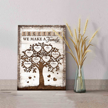 Together We Make A Family Canvas, Wooden Canvas, Heart Canvas, Tree Canvas, Custom Name Canvas, Wall Art Canvas