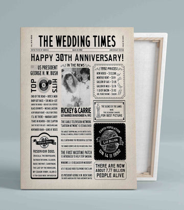 Personalized 30th Anniversary Canvas, Back In 1992 Newspaper Canvas, Wedding Anniversary Canvas, Custom Photo Canvas, Canvas Wall Art, Canvas Wall Decor