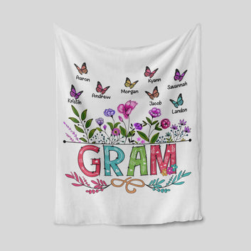Gram Blanket, Flower Blanket, Butterfly Blanket, Family Blanket, Custom Name Blanket, Gift Blanket